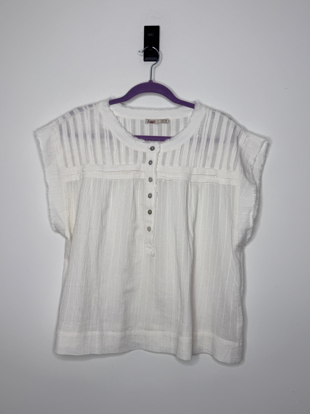 Faherty Cream Semi-Sheer Gauze Henley Blouse L - Picture 2 of 6